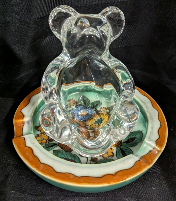 Gouda Pottery Ashtray & Vintage Vannes - France - Crystal Bear Pipe Holder.