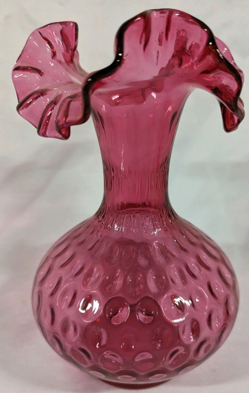 Fenton Cranberry Glass "Thumbprint" Ruffled Top Vase