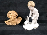 Vintage Neu Tettau Boy with Rabbit Figure + Carved Wood Angel