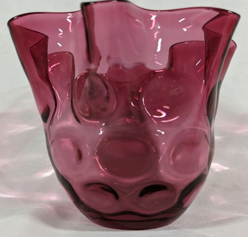 Vintage Cranberry Coin Dot Ruffled Top Vase