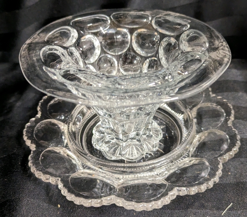 Antique HEISEY Early American Pressed Glass "Thumbnail Vase" and Early American Pressed Glass "Thumbprint" Dish with Scalloped Edge