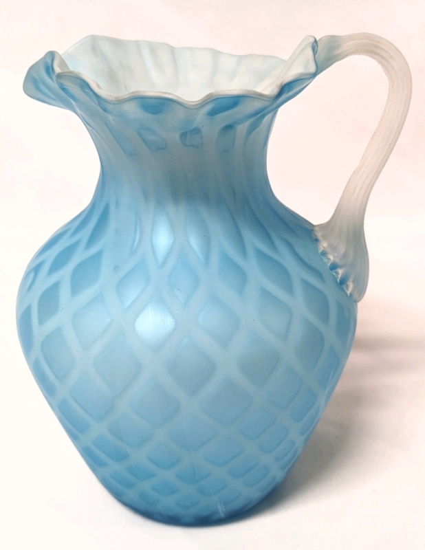 Antique Mount Washington Blue Satin "Quilted Diamonds" Glass Pitcher