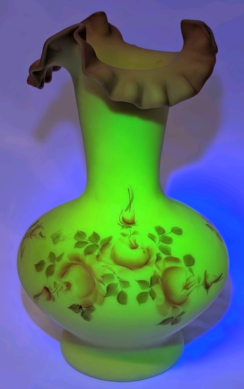 FENTON Uranium Glass Burmese Handpainted Vase Artist Signed