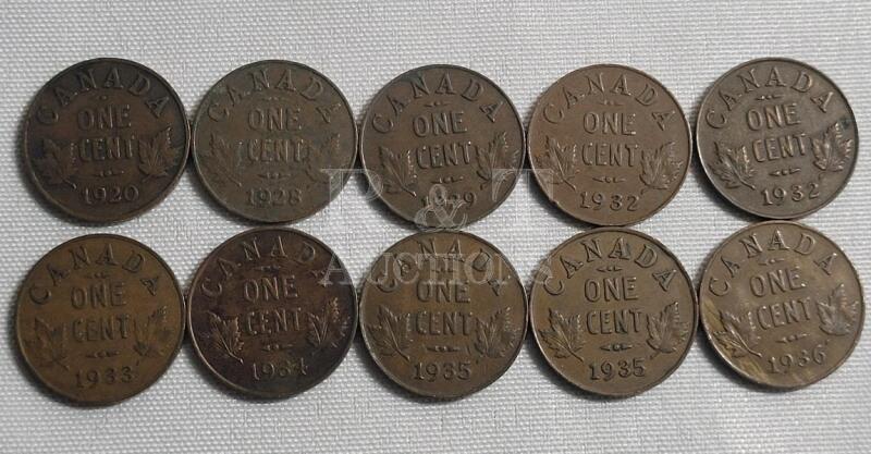 1920 - 1936 Canadian King George V Pennies - 10 Coins