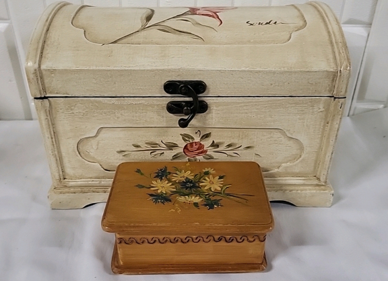 2 Wooden Trinket Boxes - Appear Hand Painted