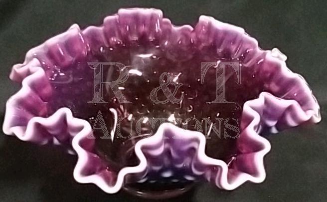 Large Rare vintage Fenton Plum opalescent ruffled hobnail bowl