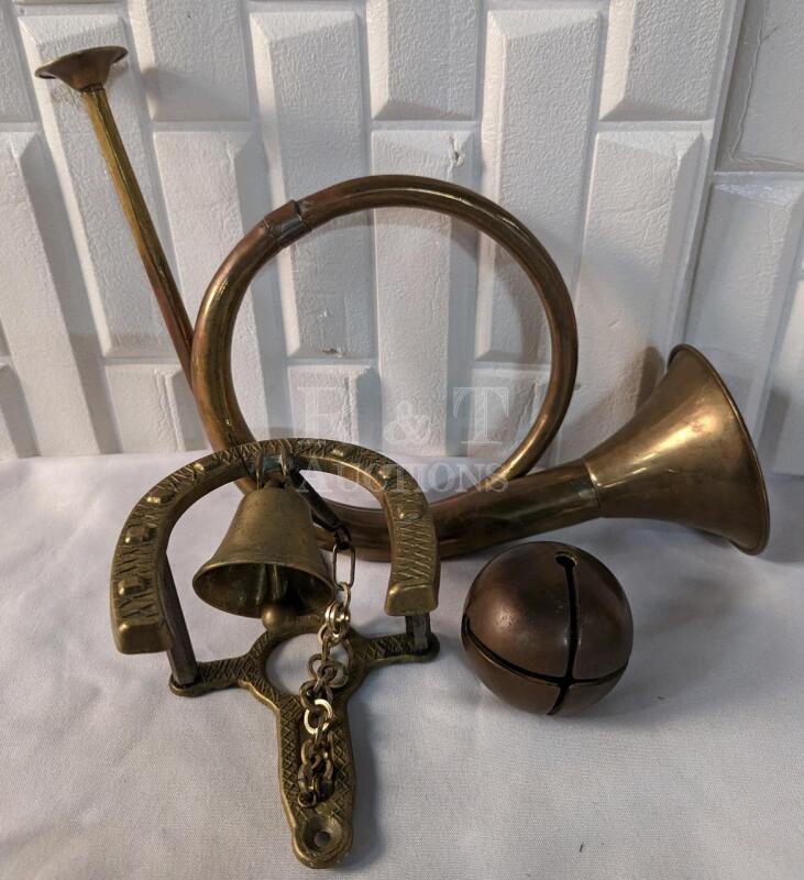 3 Brass Items - Horn + 2 Bells