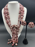 Vintage Mauve Four Strand Bead Necklace with Earrings