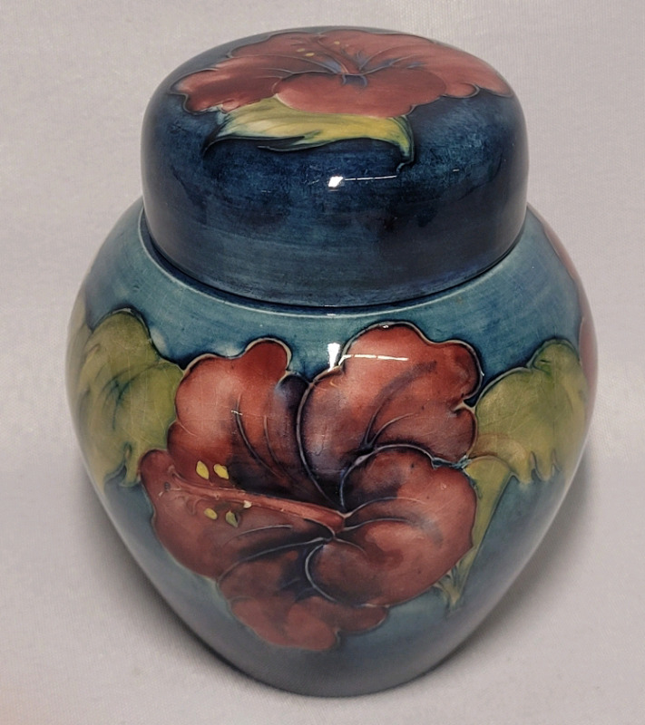 Vintage MOORCROFT " Hibiscus " Lidded Jar , circa 1950s .