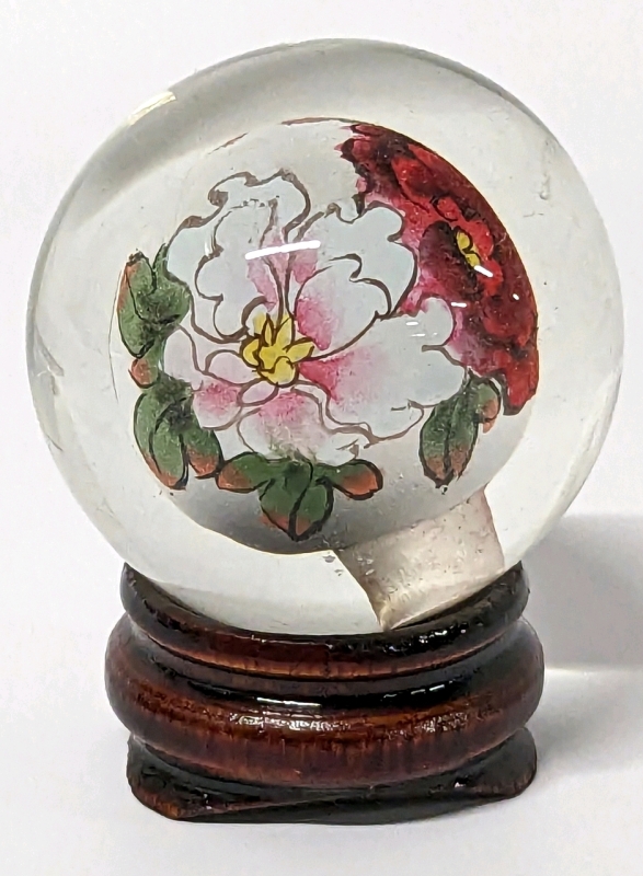 Chinese Reverse Painted Miniature Glass Ball on Stand