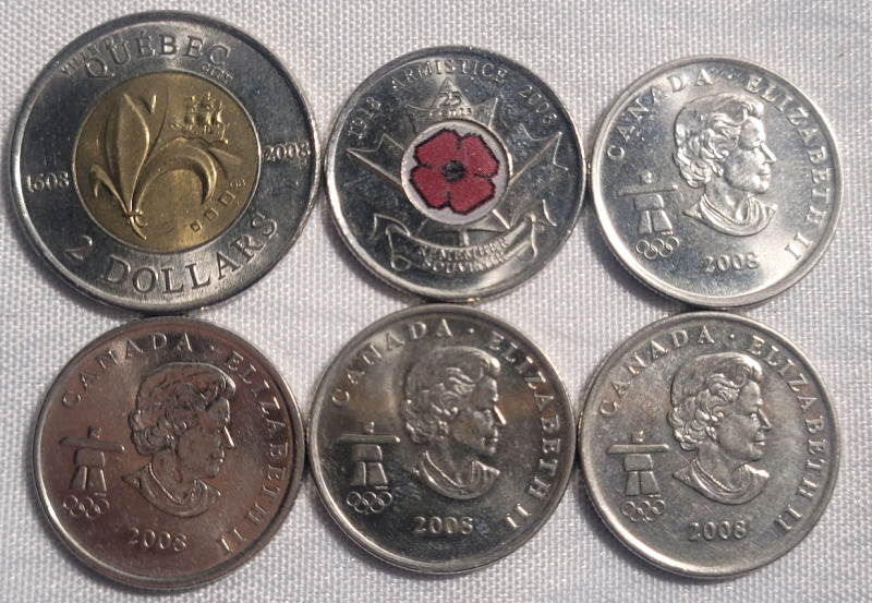 2008 Canadian Quebec Toonie , 4 Olympic Quarters & Colored Poppy Quarter