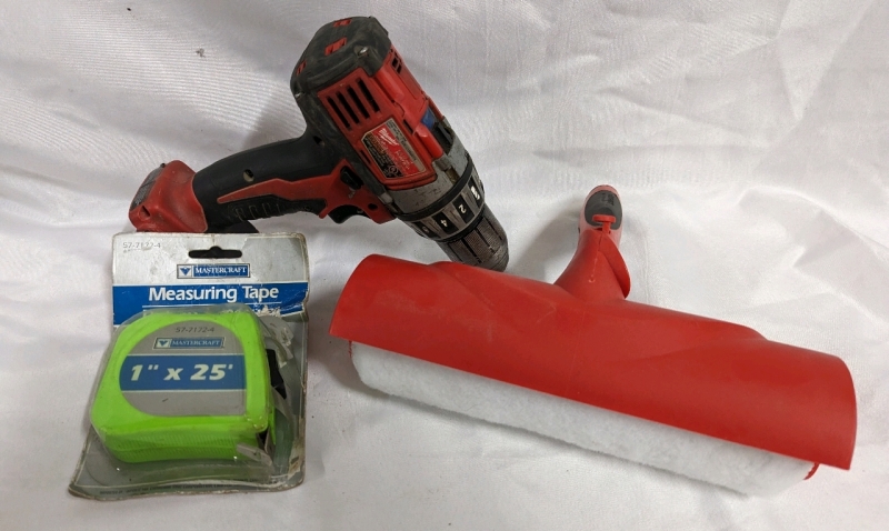 Milwaukee 1/2" Driver Drill, Master Craft Measuring Tape, and Shielded Shur-Line Paint Roller