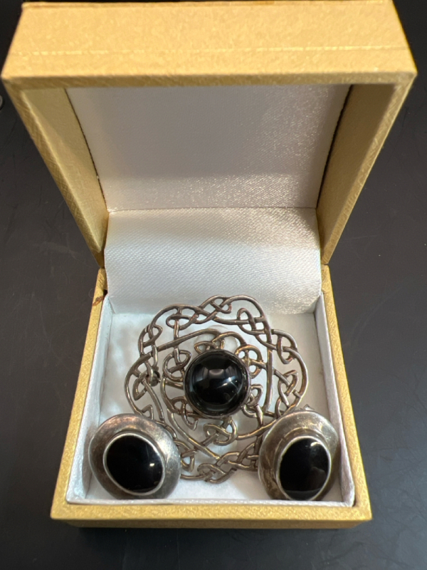 Vintage Sterling Celtic Knot Black Onyx Brooch Earrings