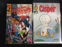 2 Vintage Comic Books - Spiderman & Casper Marvel Comics, The Amazing Spider-Man Skating on Thin Ice, issue number one. And a Casper the Friendly Ghost comic by Harvey Comics.