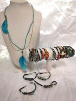 16 Handmade Bracelets + Feather Necklace