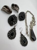 Two signed Monet Black Rhinestone Earrings Vintage stone Necklace