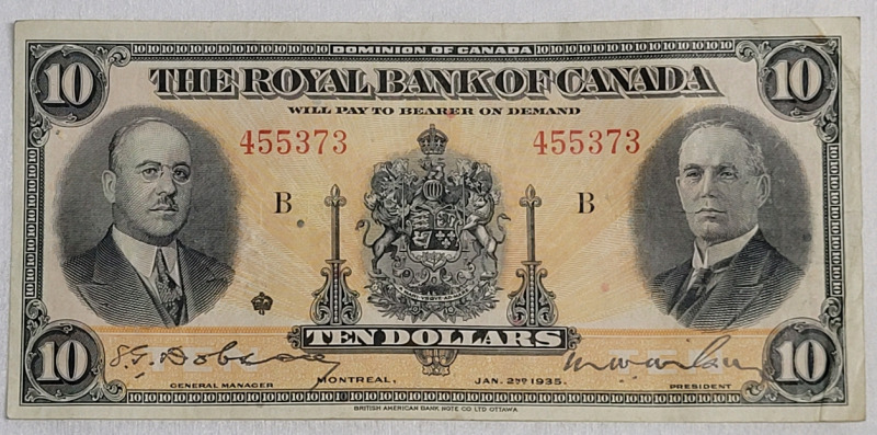 1935 Canadian The Royal Bank of Canada $10 Ten Dollar Bank Note , Large Signatures