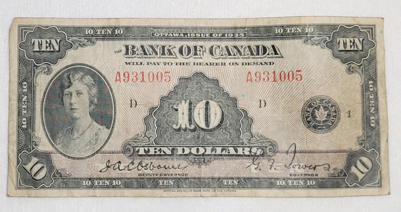 1935 Canadian Bank of Canada $10 Ten Dollar Bank Note , English Bank Note