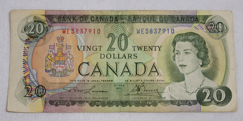 1969 Canadian Bank of Canada $20 Twenty Dollar Bank Note , Has Been in Circulation