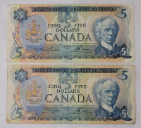 1979 Canadian Bank of Canada $5 Five Dollar Bank Notes , Two (2) Notes