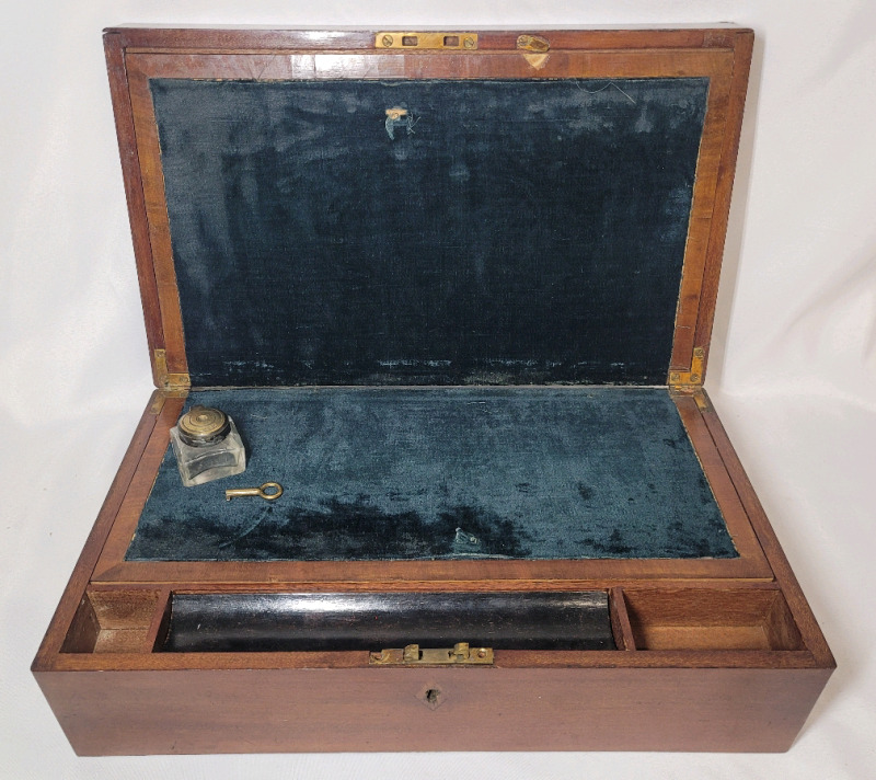 Vintage Wooden Travel Writing Desk with Original Ink well & Key (lock not working)