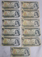 1973 Canadian One Dollar Bank of Canada Bills . Eleven (11) Bank Notes