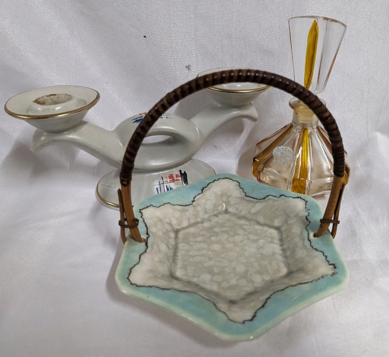 Meissen Candy Tray, Glass Perfume Bottle and 2 Candle Candelabra.