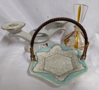 Meissen Candy Tray, Glass Perfume Bottle and 2 Candle Candelabra.
