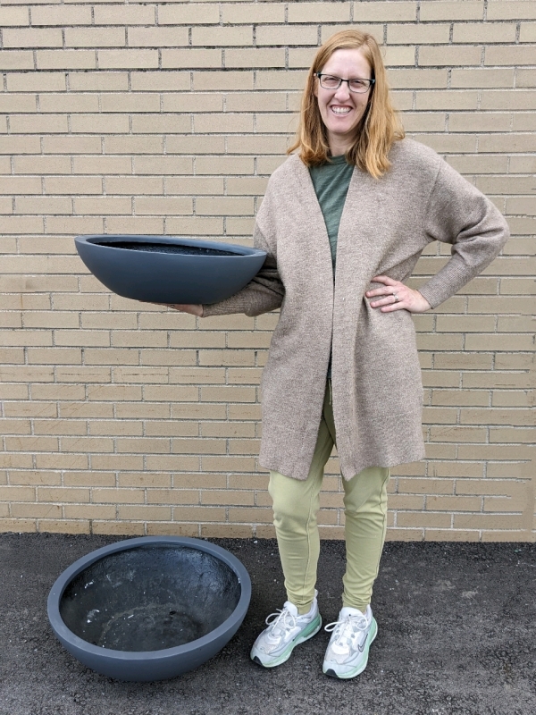 2 New GREEN THEORY Lightweight Low Bowl Fiberglass Planters. 5.25&rdquo;/ 7.25" Tall, 19.5"/23.5"