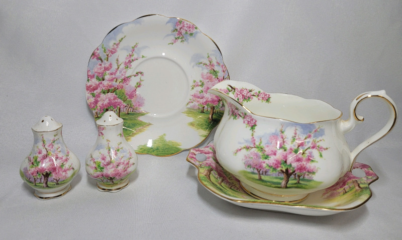 Royal Albert " Blossom Time " Gravy Boat & Tray , Salt and Pepper plus Plate