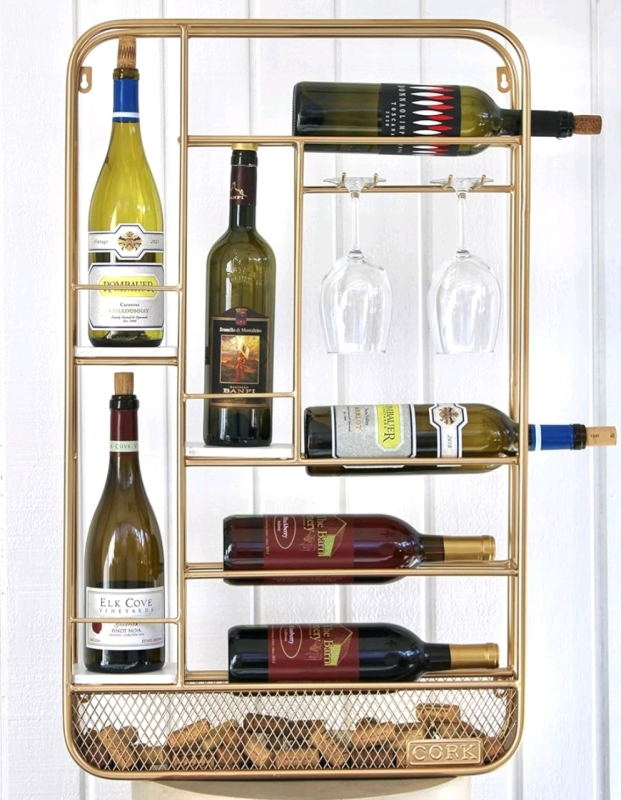 Gold Tone Metal Wall Mount Wine Rack w/Wine Glass & Cork Storage , As New