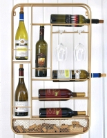 Gold Tone Metal Wall Mount Wine Rack w/Wine Glass & Cork Storage , As New