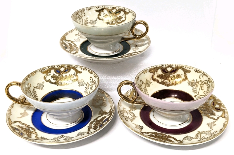 3 Sets Vintage Shafford Hand Decorated Tea Cups and Saucers