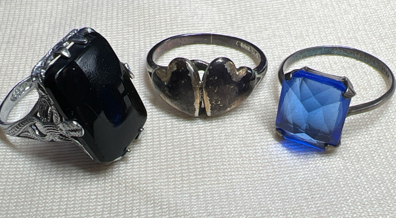 Two Sterling Rings with Stones & Two Hearts Beat as One