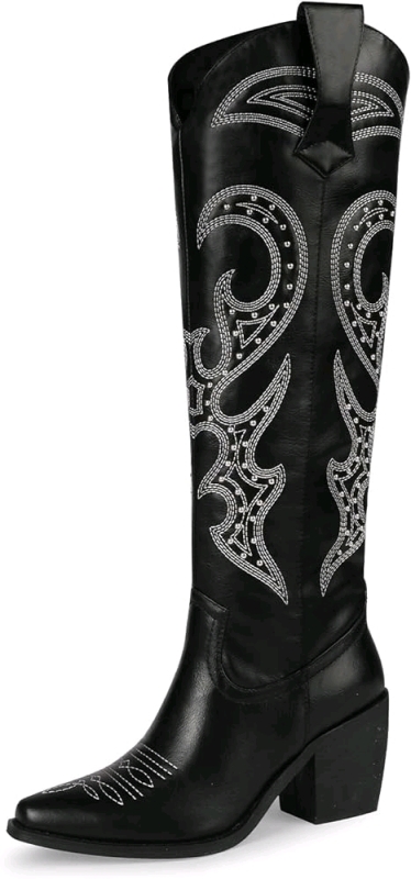 WETKISS Knee High Cowboy Cowgirl Boots for Women, with Unique Embroidery, Side Zipper and Chunky Heel Design (Size 8.5)