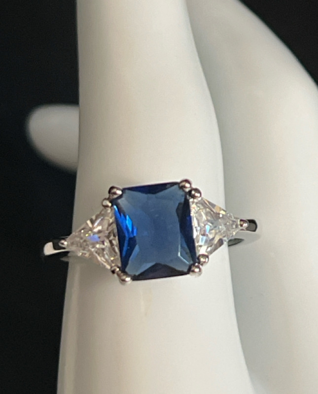 Silver Tone Blue and Clear CZ Ring