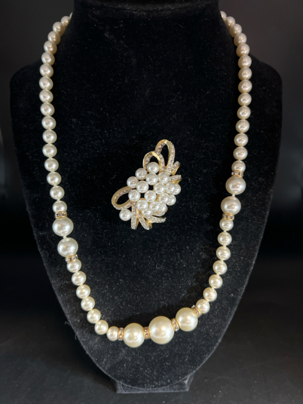 Modern Pearl and Rhinestone Necklace and Brooch