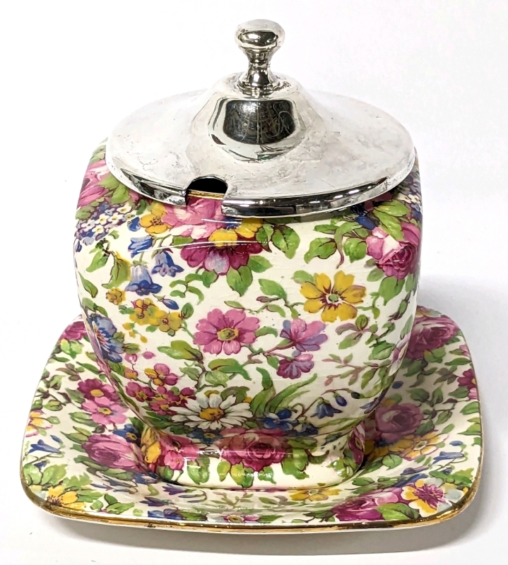 Royal Winton Grimwades England SUMMERTIME Chintz Jam Pot & Underplate with Metal Lid