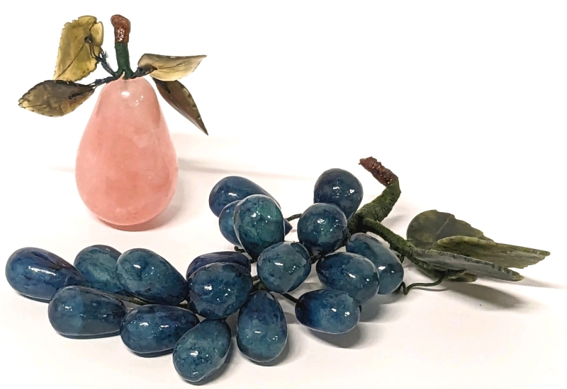 Blue Sodalite Grape Cluster w Jade Leaves & Rose Quartz Pear w Jade Leaves