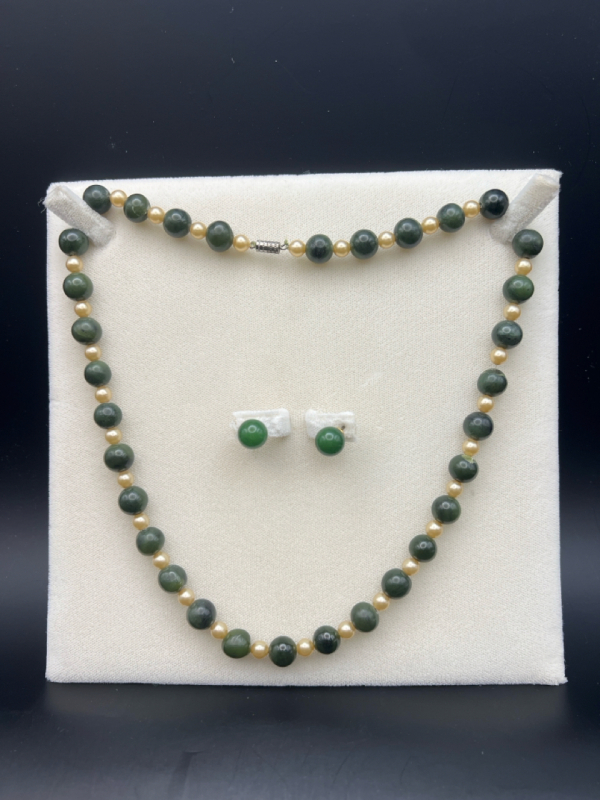 Vintage BC Jade and Pearl Necklace & Jade Ball Earrings