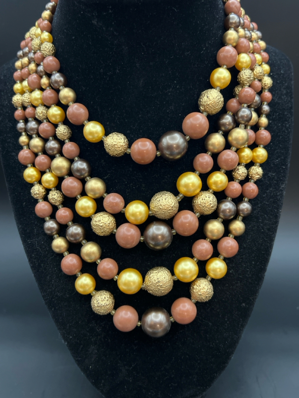 Vintage Five Strand Brown Bead Necklace