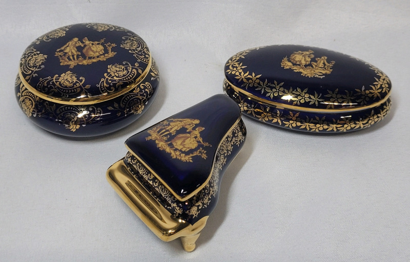 Limoges France Cobalt & Gold Trinket Box Set : Round , Oval & Piano