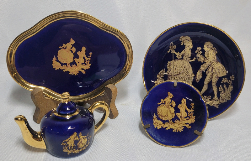 Limoges France Cobalt & Gold Tea Pot and Plates Set .