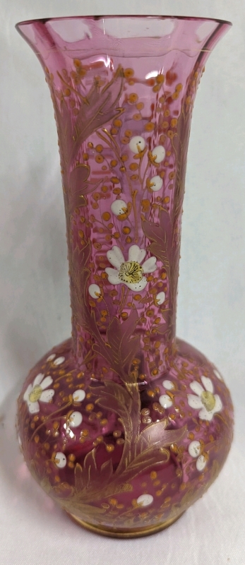 Moser Cranberry Glass Vase With Enamel Decorating