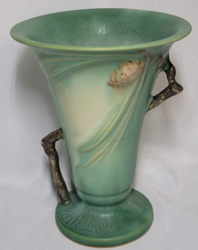 Roseville USA ' Pinecone ' Vase with Twig Handles . Circa 1935-36 . 6 3/8" tall