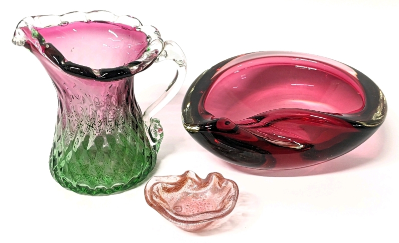 Art Glass: Pitcher, Miniature Cranberry Art Glass Bowl & Larger Lipped Bowl