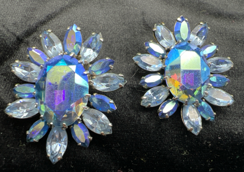 Sherman Large Blue Flower Rhinestone Earrings