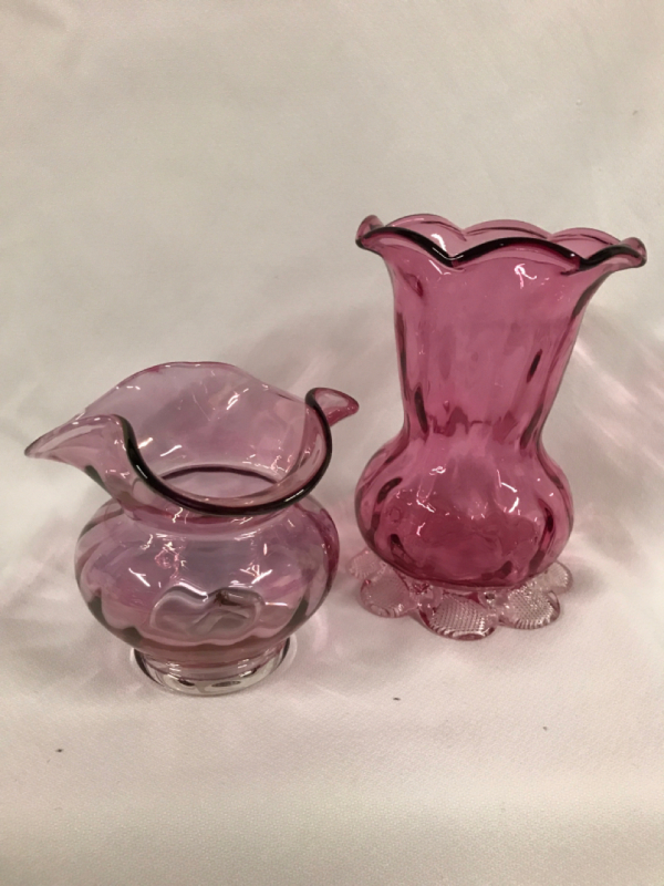 2 pcs Cranberry Glass Vases made in Czechoslovakia 4 & 6 inches tall