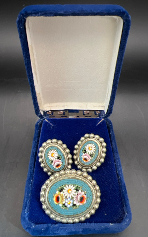 Vintage Micro Mosaic Brooch & Earrings Set in Alpaca Silver