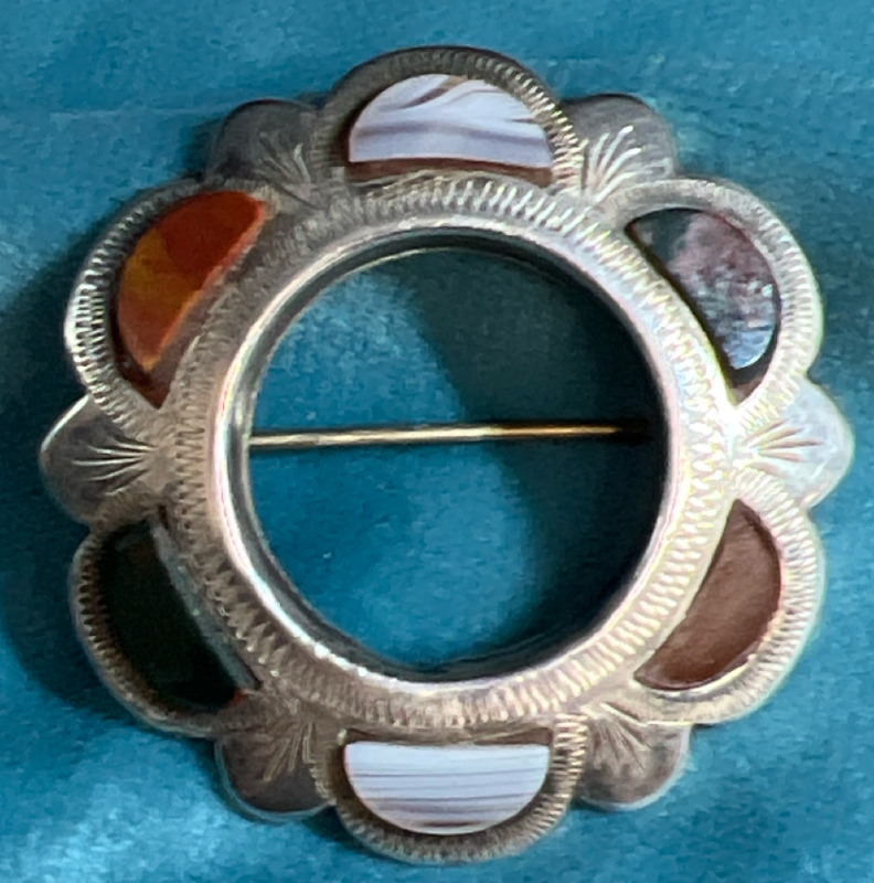 Stamped Sterling Silver Antique Agate Scottish Brooch is approximately 1.75 inches. C- Clasp.